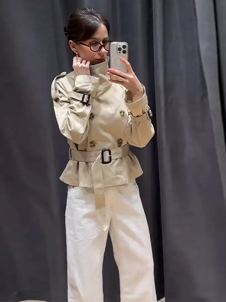 Stand Up Collar Trench Coat Belt Lace Up Double Breasted Short Jacket Retro Waist Cinched Silhouette Slimming Windbreaker Top
