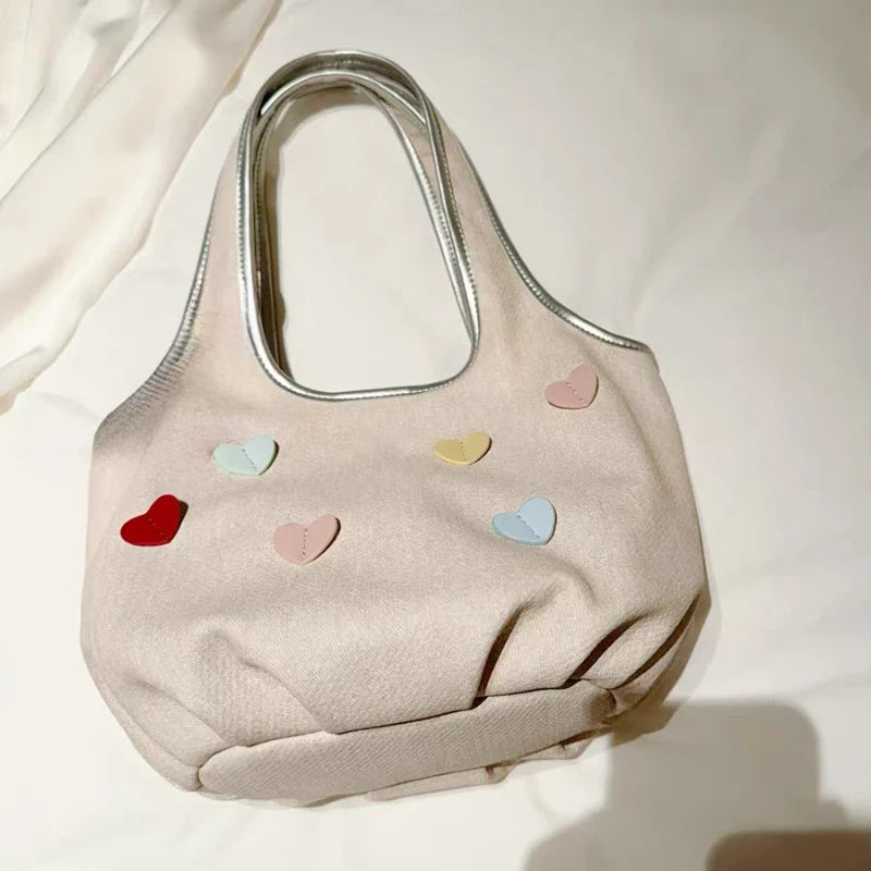 Sweet Y2k Aesthetic Heart Top-Handle Bags Kawaii Cute Fashion All Match Shoulder Underarm Bag Casual Shopping Purse and Handbags