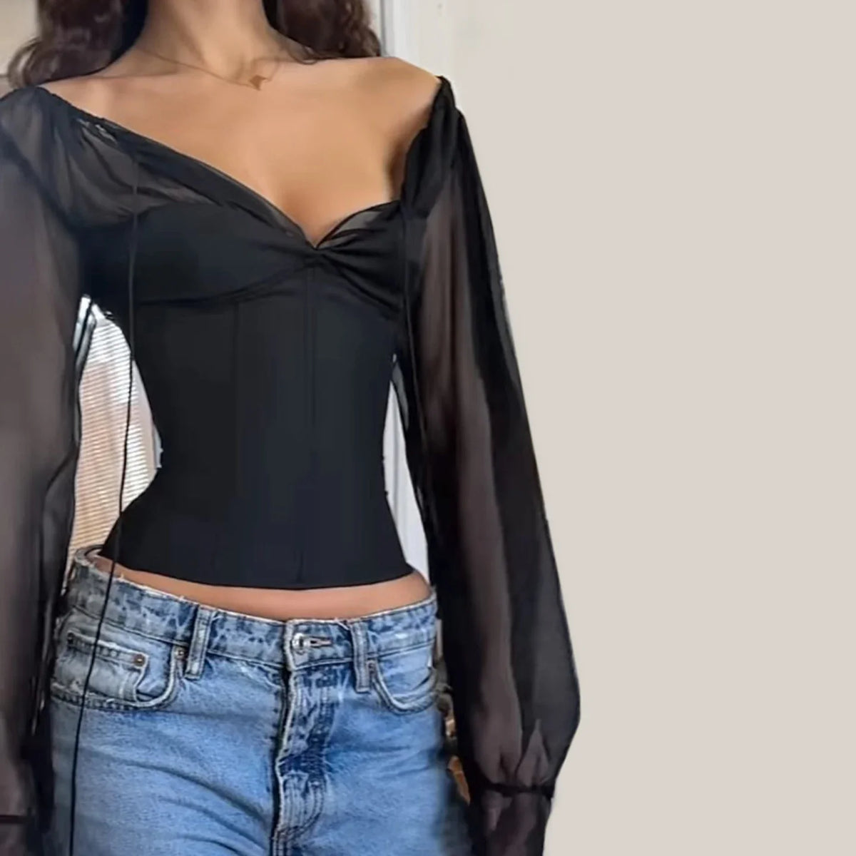 Mesh Patchwork Long Sleeve T-shirt Elegant Folds Milkmaid V-neck Top Sexy Corset Top French Style Skinny Clothing Fall