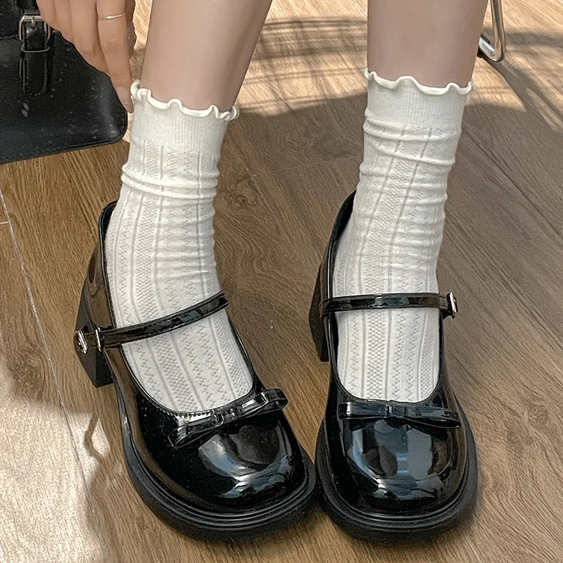 New Cute Patent Leather Mary Jane Shoes Women Autumn Buckle Straps High Heels Pumps Woman Japanese Style Uniform School Shoes