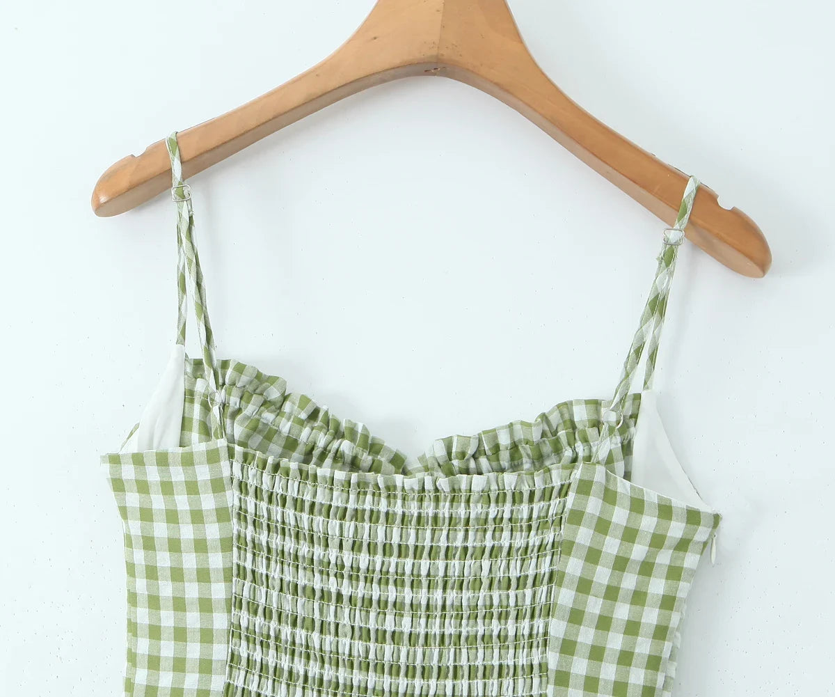 Holiday Style Summer Women's Dress Lace Splicing Sweet Lace Waist Back Green Plaid Dresses Elegant Fashion Long Dress