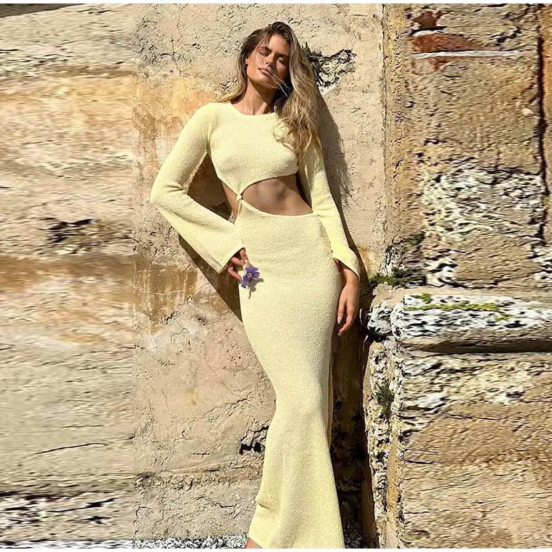Crew Neck Cutout Twist Waist Side Slit Boucle Knit Maxi Dress