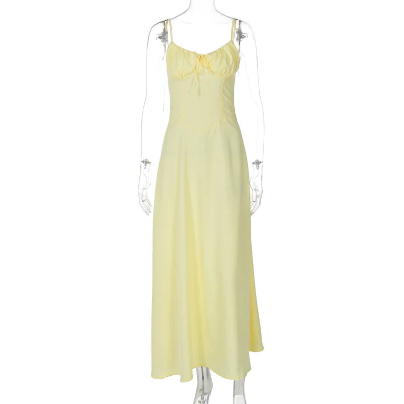 Sweetheart Neck Spaghetti Strap Ruched Tie Front Column Maxi Dress