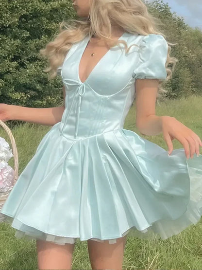 Women Elegant Satin Solid Lace Up Pleated Hem Dresses Chic V-neck High Waist A-line Mini Dress 2024 New Lady Evening Party Prom