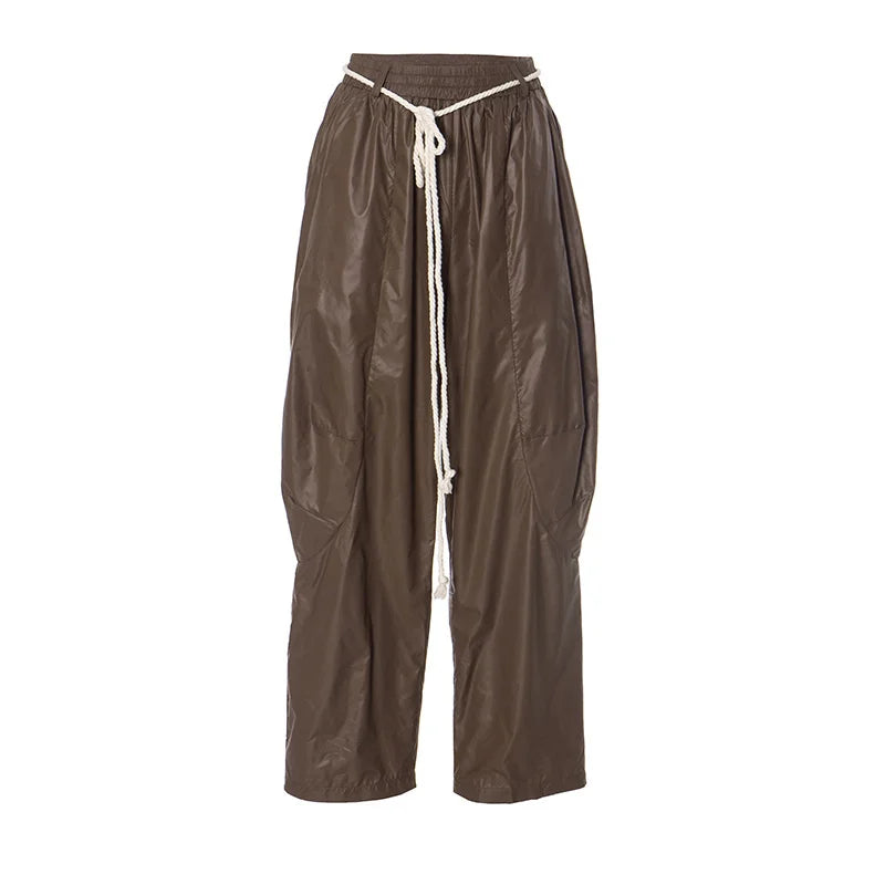 Women's Streetwear Pants Influencer Loose Casual Pleated Waist Hanging Rope Decoration Windproof Pocket Long Trousers Pants