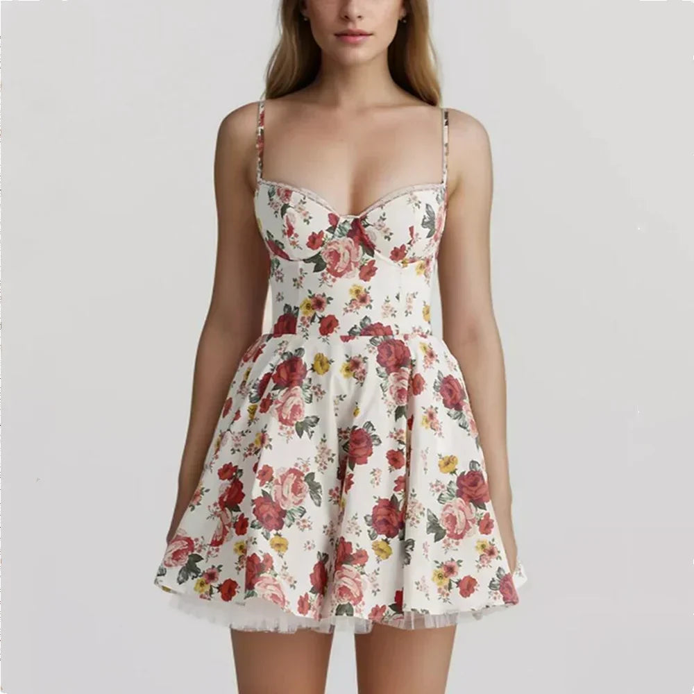 Sweetheart Neck Corset Tulle Petticoat Floral Mini Dress