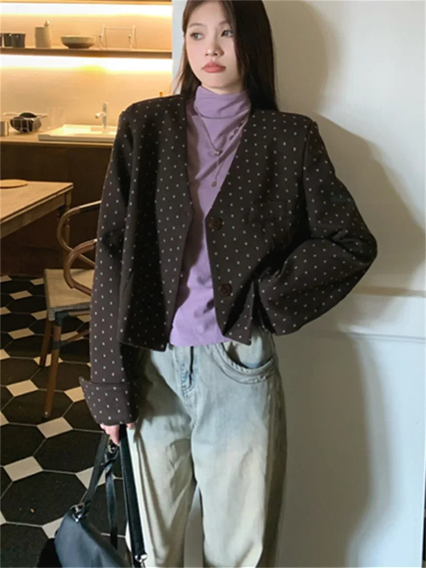 Office Lady Coats New Woolen Chic Elegant Women Autumn Polka Dots Slim High Street Casual Work Wear V-Neck