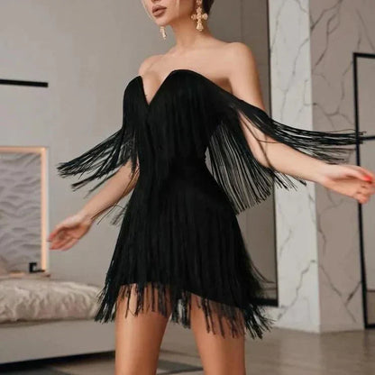 Off Shoulder Tassel Trim Ruched Bodycon Mini Dress