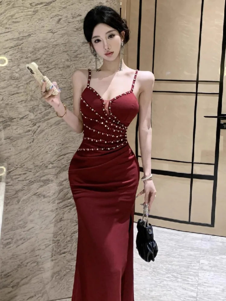 Dresses Women Sleeveless Sexy Split Slim Slash Neck Backless Rhinestone Elegant Temperament Party Dress Female Fashion