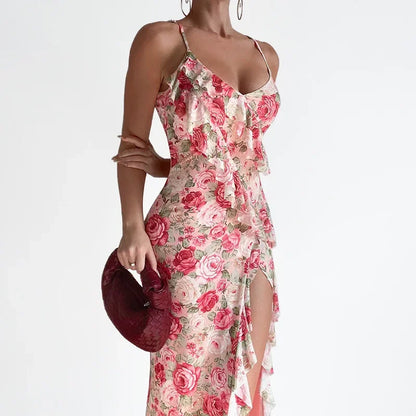 Flower Printed Strap Dress 2025 Spring New Fashion Elegant Sleeveless V Neck High Slit Ruffles Vestidos Beach Vacation Robe