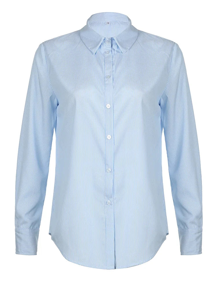 Blue Minimalism Boyfriend Stripe Shirts Women Single Breasted Turn Down Collar Long Sleeve Casual Loose Leisure Simple Clothes
