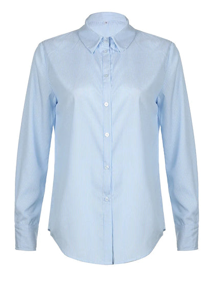 Blue Minimalism Boyfriend Stripe Shirts Women Single Breasted Turn Down Collar Long Sleeve Casual Loose Leisure Simple Clothes