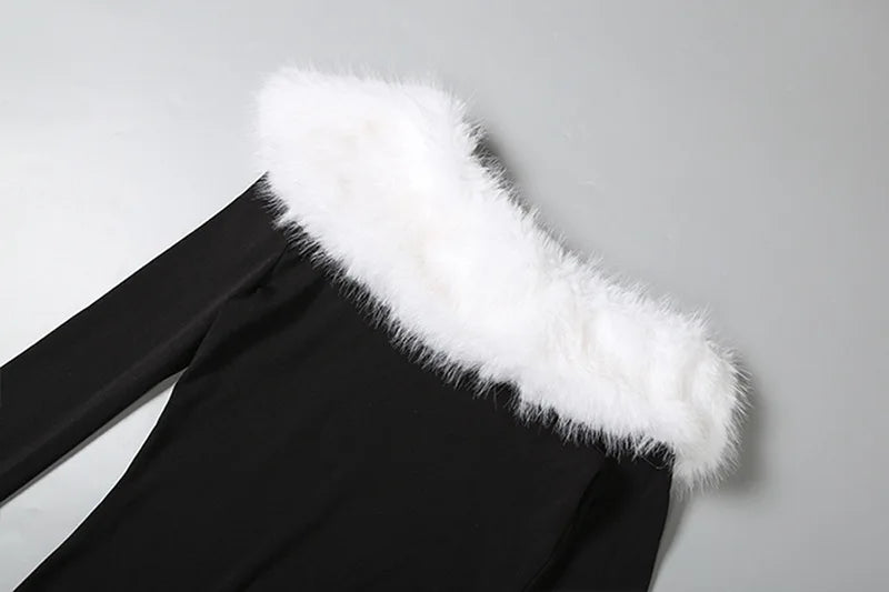 Elegant Furry Patchwork Black Bodycon Maxi Party Dress Women Inclined Shoulder Full Sleeve High Split Evening Gown Christmas