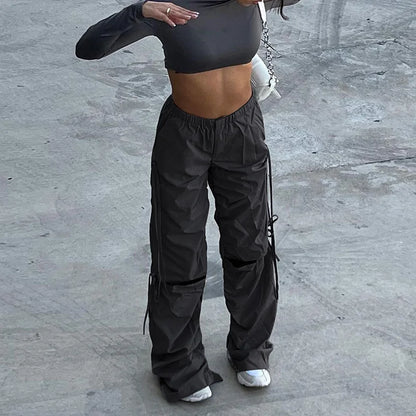 Spring Summer New Women Pleated Cut Out Drawstring Cargo Pants Street Chic Hip-hop High Waist Casual Trendy baggey Trousers