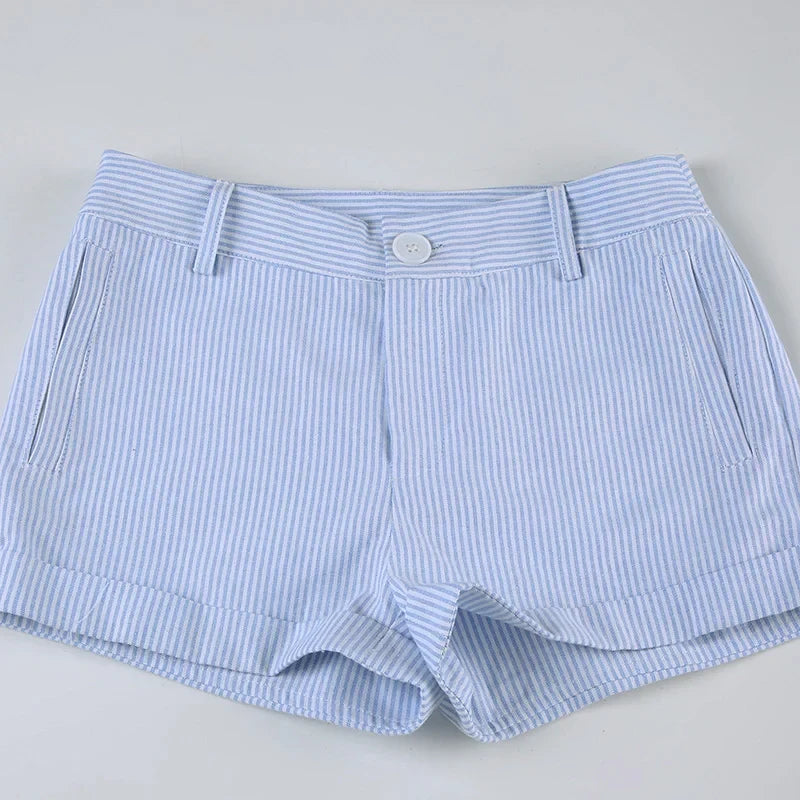 Roll-up Hem Striped Shorts Casual Basic Button-up High Waist Hot Pants Chic Elegant Slim-fitting Short Pants Streetwear