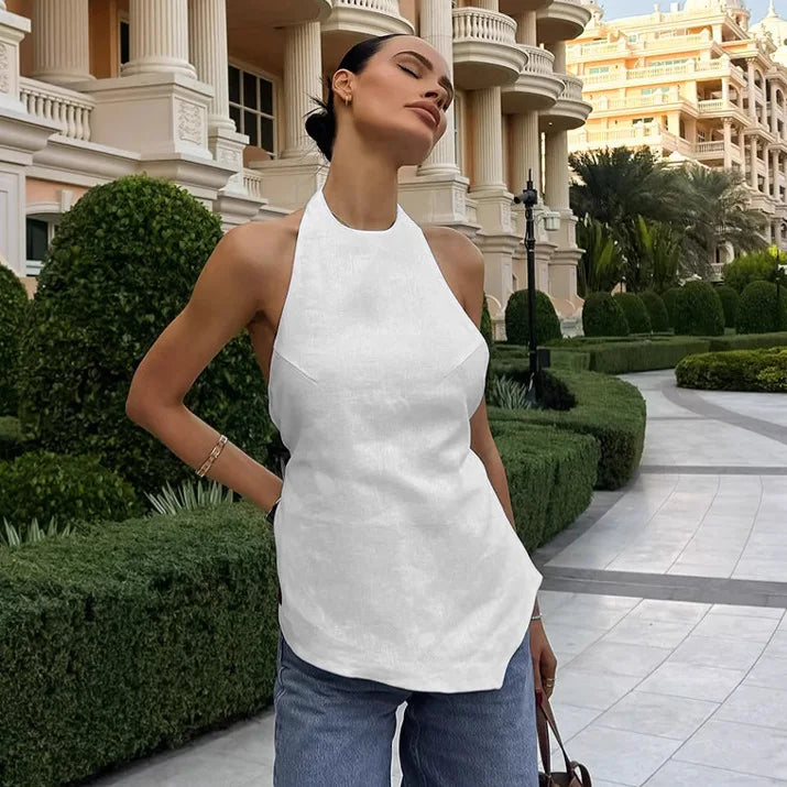 New sexy backless neck tied sleeveless vest top, fashionable and versatile, solid color, simple women's clothing