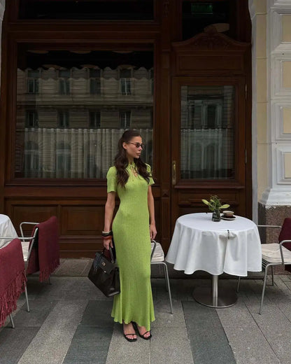 Hollow Out Knitted Short Sleeve Maxi Dress Women's Crew Neck Tie Solid Color Slim Long Dress Summer Casual Streetwear