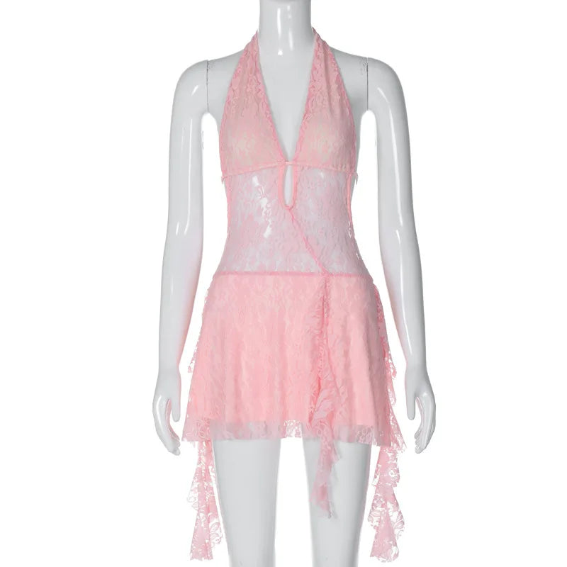 New sexy swimsuit hollowed out deep V-neck backless short splicing Lace-up halter lace dress