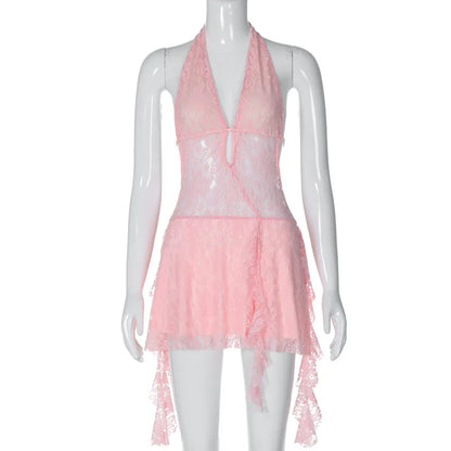 New sexy swimsuit hollowed out deep V-neck backless short splicing Lace-up halter lace dress