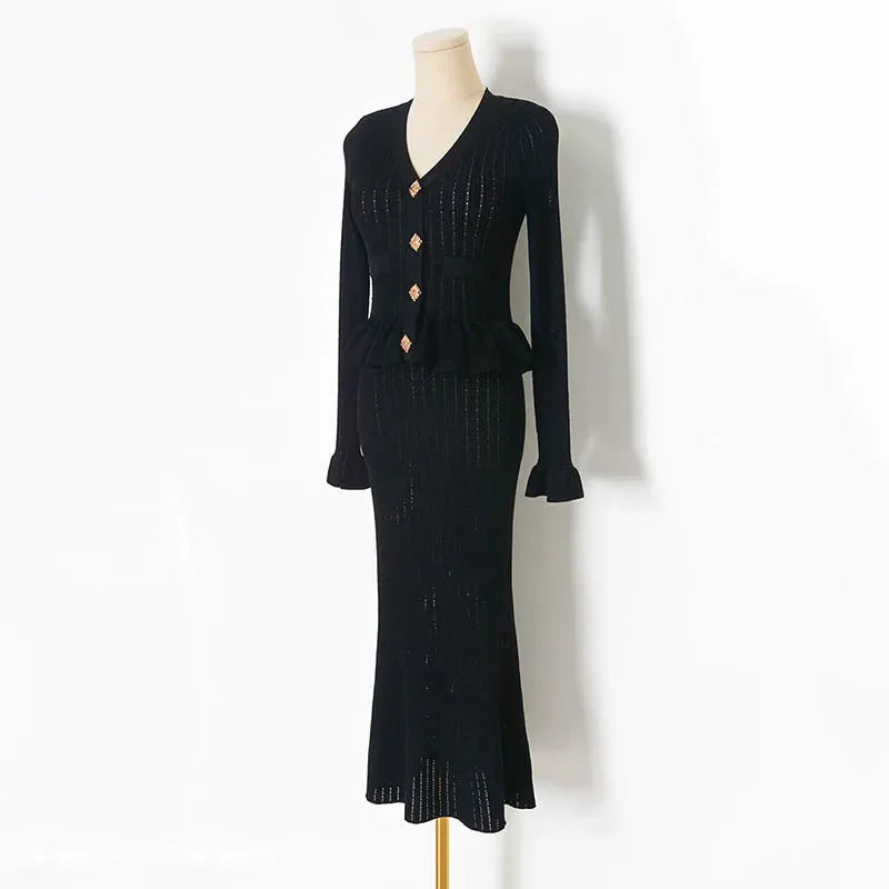 Ribbed Knit Ruffle Hem Button Front Cardigan and Mermaid Midi Skirt Set