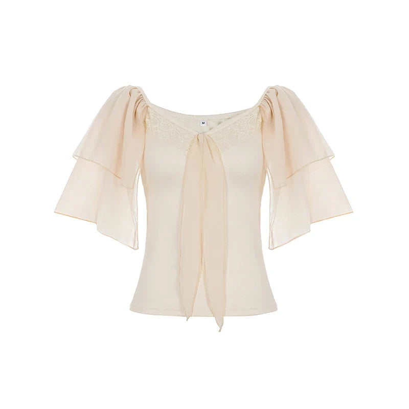 Lace Patchwork Tie-up Bow V-neck Top Summer Tiered Flying Sleeve T-shirt Coquette Aesthetic Slimming Clothing Women