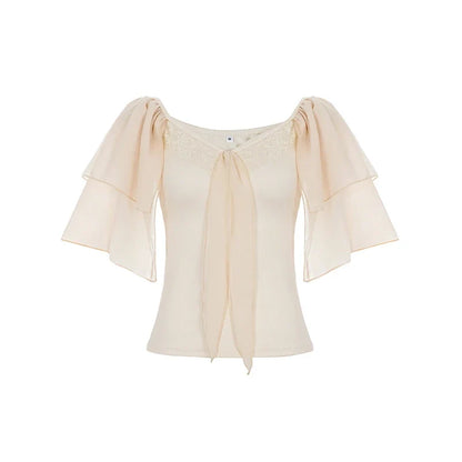 Lace Patchwork Tie-up Bow V-neck Top Summer Tiered Flying Sleeve T-shirt Coquette Aesthetic Slimming Clothing Women