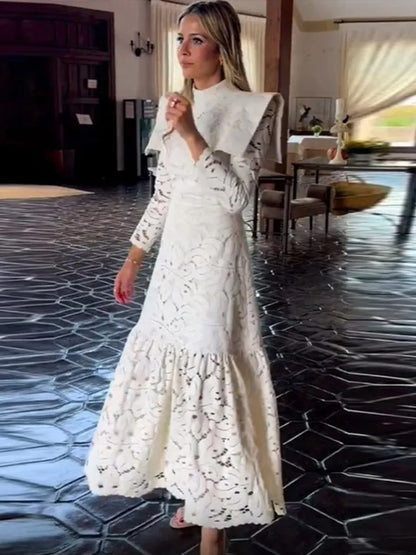 Lace Crochet Long Dress Hollow Out Small Cape Stand Collar Slim Fit Waist Cinched Cloak Beach Dresses Solid Color Elegant Robes