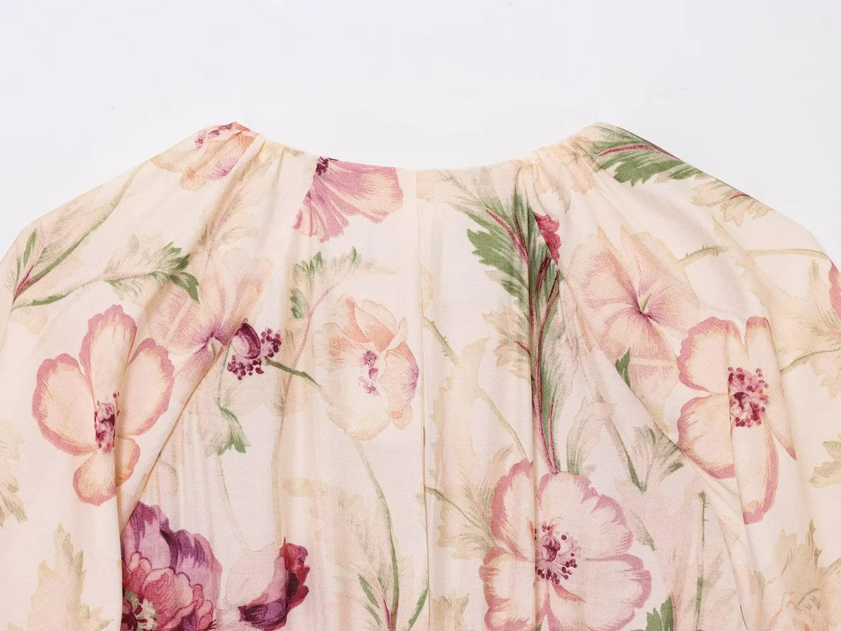 Fashion All-match Puff Sleeve Short Women Dress Round Neck Floral Print Chic New Dress Elegant Summer Woman Clothing