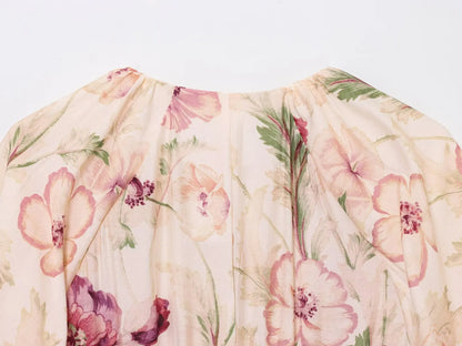 Fashion All-match Puff Sleeve Short Women Dress Round Neck Floral Print Chic New Dress Elegant Summer Woman Clothing