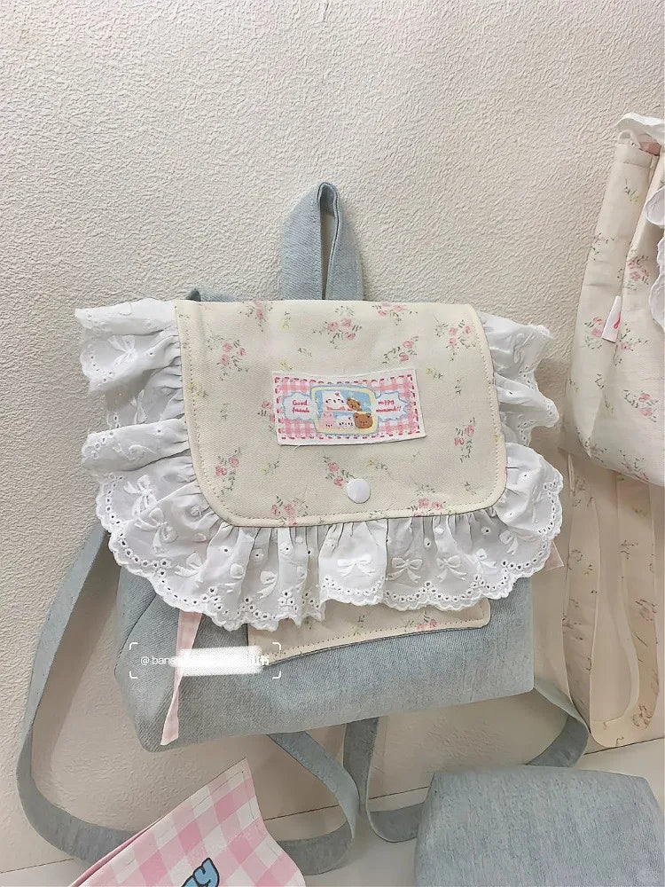 Retro Denim Large Capacity Canvas Bag Women New Lace Chic Sweet Cute Mini Backpack Female Harajuku Y2k Mochila Aesthetic