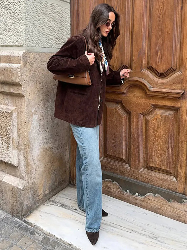 Suit Suede Leather Coat Women Brown Lapel Pocket Single Button Mid Length Jackets 2025 Spring Vintage Fashion Lady Outwear Top