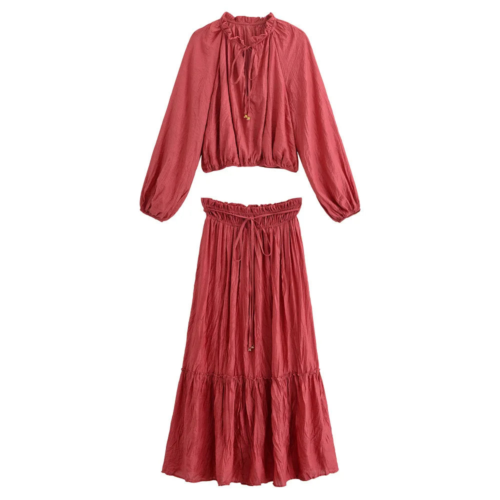 Casual Style Wrinkle Shirt Women's Top+high Waist Long Skirt Women Set 2pcs Fashion Boho Beach Spring Summer Outfits