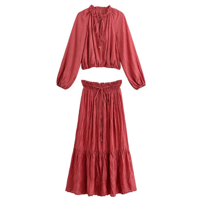 Casual Style Wrinkle Shirt Women's Top+high Waist Long Skirt Women Set 2pcs Fashion Boho Beach Spring Summer Outfits