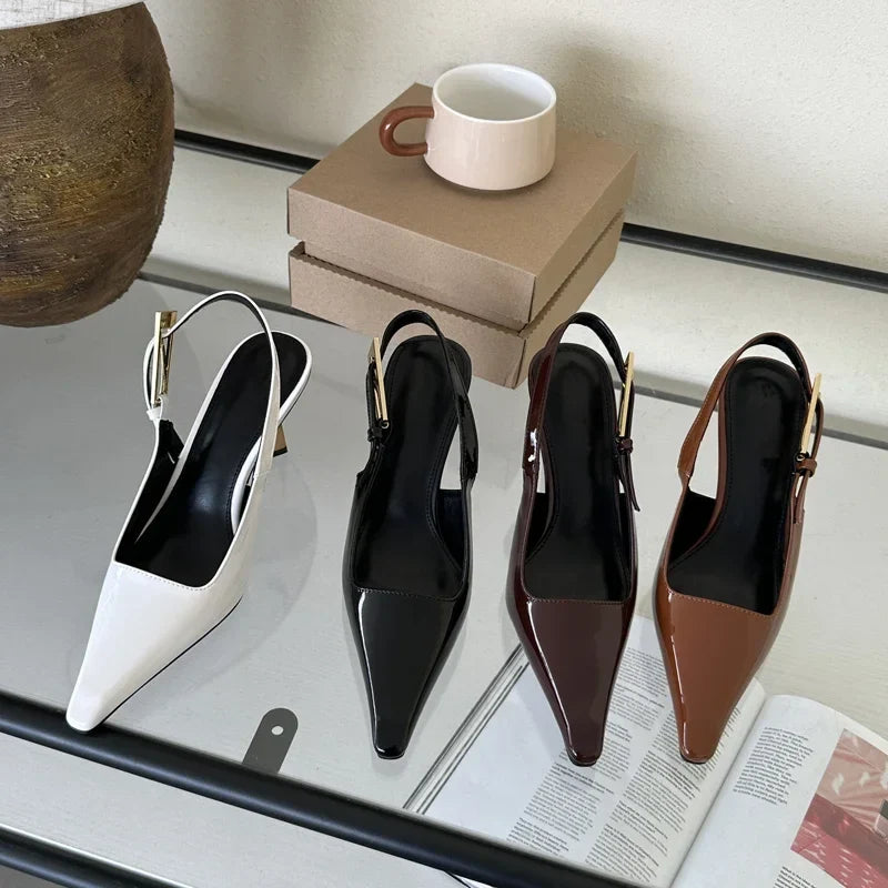 Street Style Sexy Pointed Toe Metal Buckle Strap Women Pumps Stripper Sandals Slingback High Heels Female Shoes