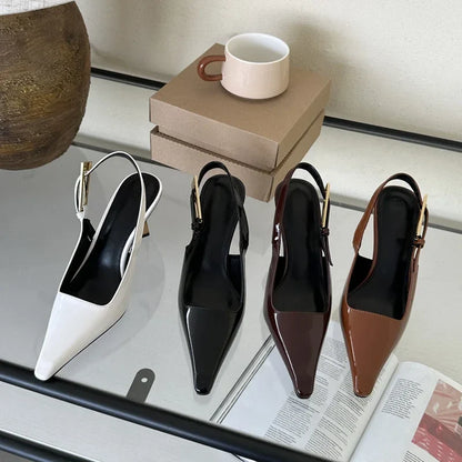Street Style Sexy Pointed Toe Metal Buckle Strap Women Pumps Stripper Sandals Slingback High Heels Female Shoes