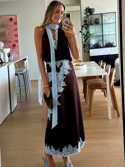 Women's Sleeveless Satin Dress Sets 2026 New Lace Up Patchwork Crop Tops Party Ruffle Lace Elegant Skirt 2 Piece Suits