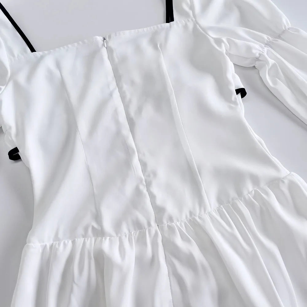 White Elegant A-line Mini Dress Women 2025 New Spring Square Collar Long Sleeve Vestidos High Waist Casual Fashion Short Dresses