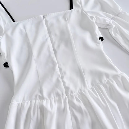 White Elegant A-line Mini Dress Women 2025 New Spring Square Collar Long Sleeve Vestidos High Waist Casual Fashion Short Dresses