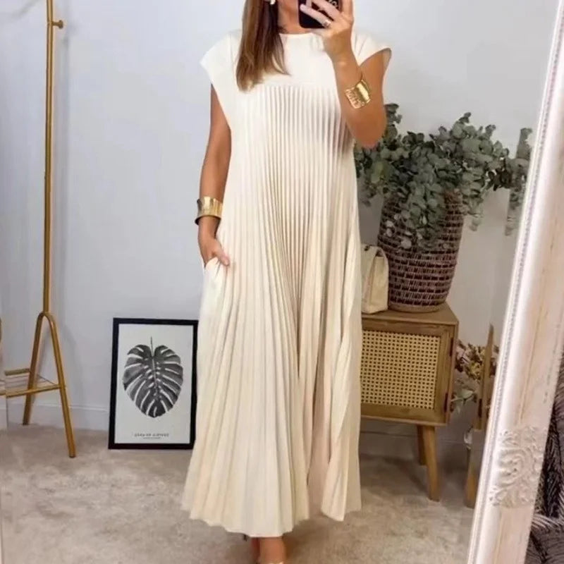Accordion Pleated Crew Neck Sleeveless Maxi Dress