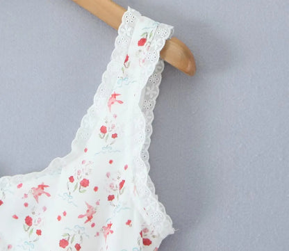 Sweet Girl French Style Floral Print Sleeveless Dress Women Lace Spliced A-line Summer Mini Dress Holiday Robe Vestidos