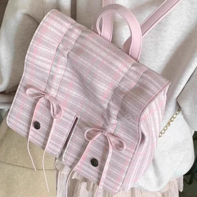 Sweet Y2k Aesthetic Girls Bow Plaid Backpacks Casual All Match Chic Preppy Backpack Women Students Streetwear Fashion Schoolbags