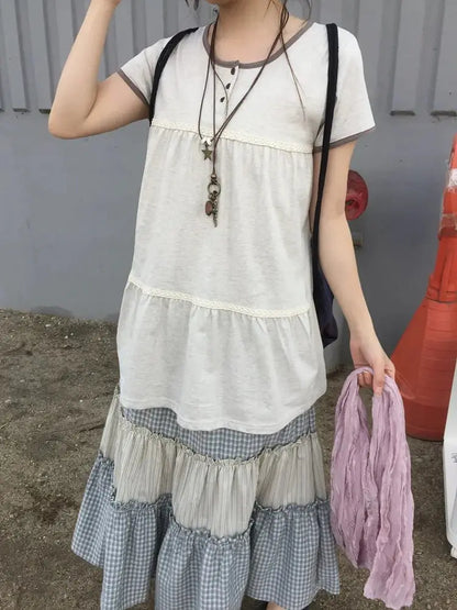 Japanese Summer Retro Lace Splicing Color Versatile Round Neck Short Sleeve Tee
