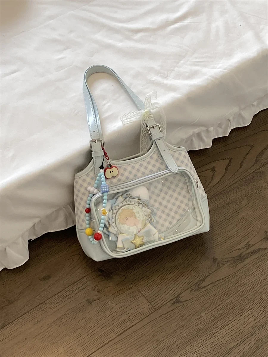 Original Lolita Sky Blue Plaid Small Capacity Transparent Pain Bag 10cm Baby Bag Daily Commuting Class Portable Shoulder Bag
