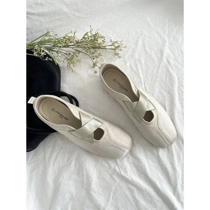 New Women's Ballet Slippers Pink Soft Sole Shallow Heel Round Head Fiberglass Fabric Retro Style Low Heel
