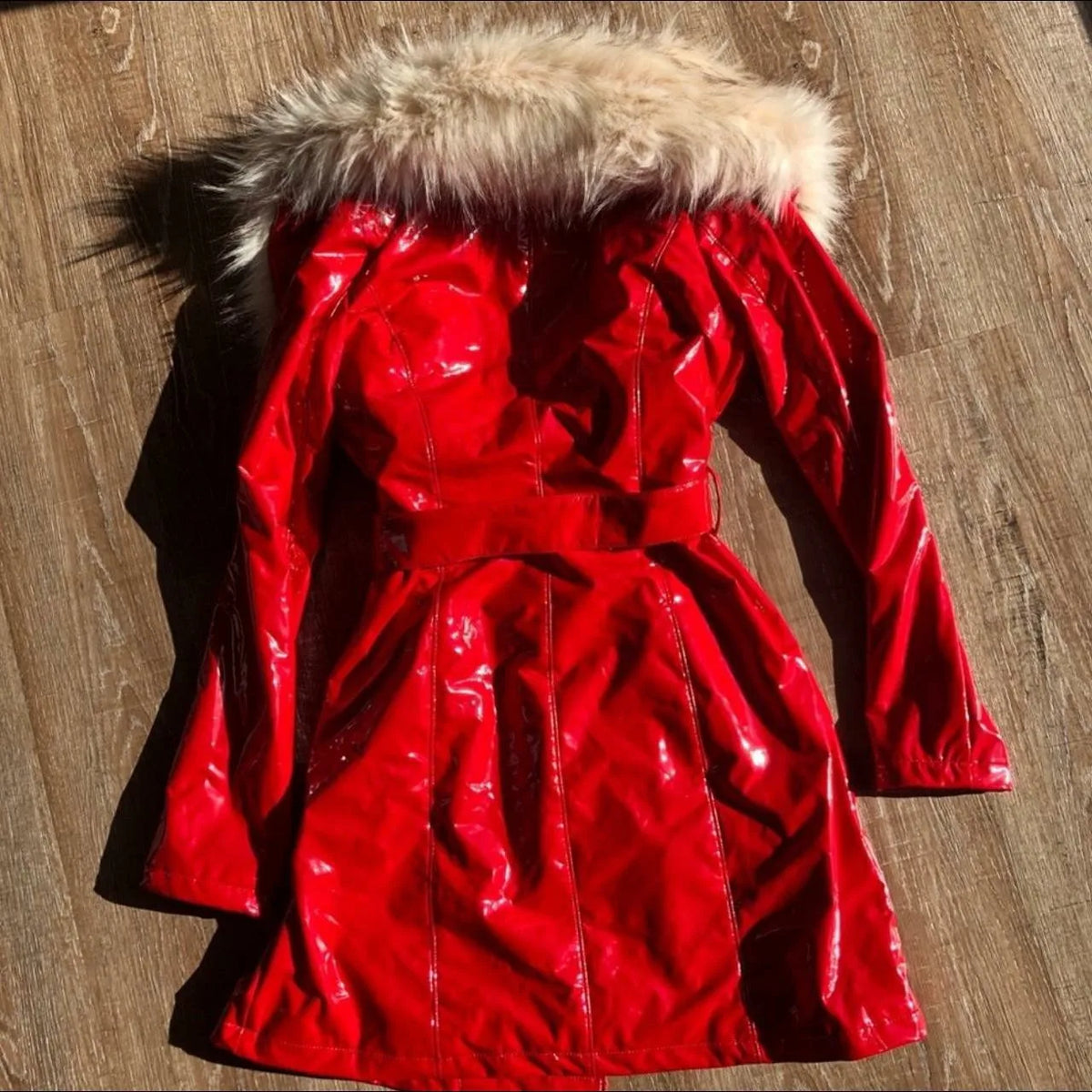 Y2K Fur Collar Red Coat Womens Autumn Winter Leather Jacket Harajuku Gothic Long Sleeved Long Jacket Fashion Autumn Winter Coat