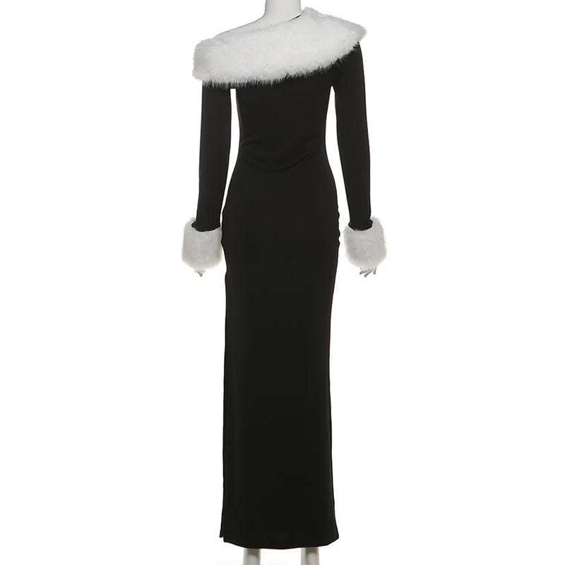 Elegant Furry Patchwork Black Bodycon Maxi Party Dress Women Inclined Shoulder Full Sleeve High Split Evening Gown Christmas