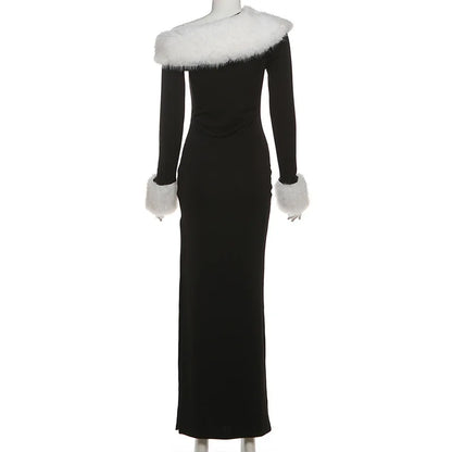 Elegant Furry Patchwork Black Bodycon Maxi Party Dress Women Inclined Shoulder Full Sleeve High Split Evening Gown Christmas