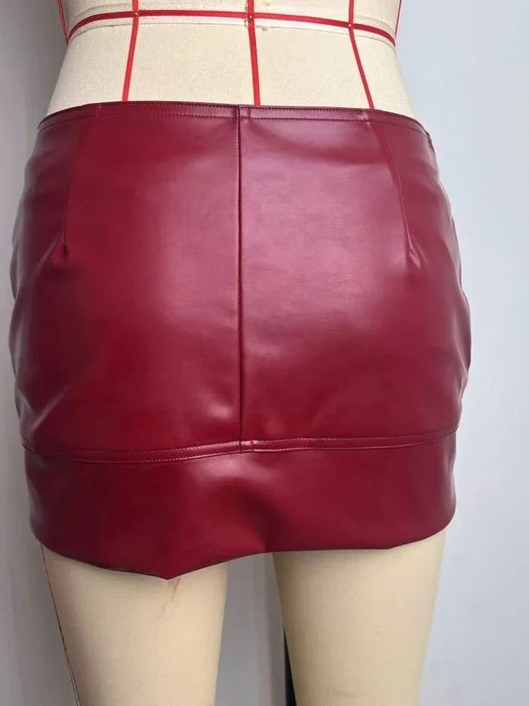 Women's Punk Street Style PU Leather Mini Skirt Solid Color Metal Buckle Belt Detail Low Waist Slim Bodycon Party Clubwear