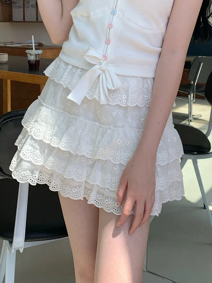 Cotton Shorts Skirt Women Lace Embroidery Elastic Waist Cute Mini Cake Skirt for Sweet Girls Lolita Style Kawaii Clothes