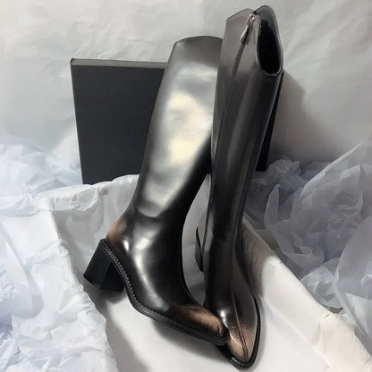 Women's Long Boots Elegant High Heels Black Heeled Ladies Knee Shaft Shoes Fashion Waterproof New In Pu Quality Boot Chic